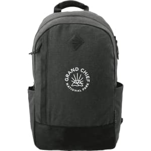 A black backpack with a large front pocket and a logo, featuring multiple compartments for organisation.