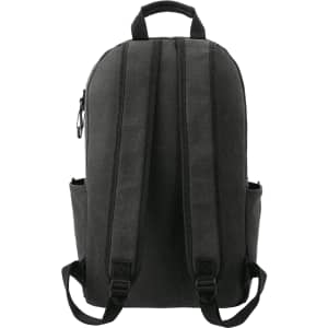 A black laptop backpack with padded shoulder straps and side pockets. The back view shows the design and stitching details.