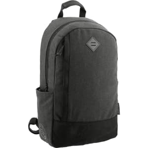 A grey and black computer backpack with a side pocket and branding details. Ideal for carrying laptops and essentials.