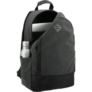 A dark grey and black laptop backpack featuring a side pocket for a drink bottle and an opening for a laptop.