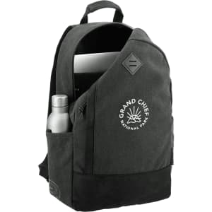 A grey laptop backpack with a pocket for a drink bottle and a logo on the front. Suitable for carrying laptops up to 15 inches.
