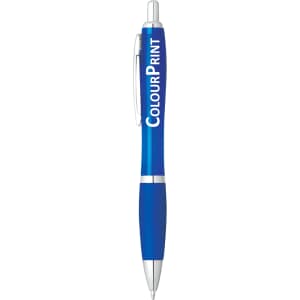 A blue pen with a silver clip and tip, featuring a branding logo.