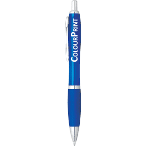 A blue pen with a silver clip and barrel, featuring a branding logo.