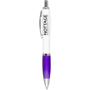 A purple and white pen featuring a logo, designed for promotional use in office settings.