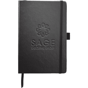 A black journal featuring an embossed logo and an elastic band closure, part of a promotional gift set.