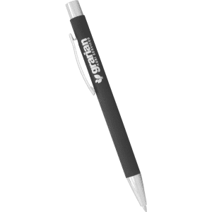 A black pen with a sleek design and a silver clip, featuring a branding logo.