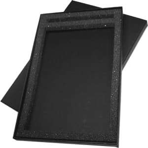 A black gift box with a textured interior and a separate lid, designed for packaging items elegantly.