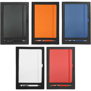 A set of five gift sets featuring JB1008 Nova Journals in various colours and 6018 Gorcia Pens, all with branding.