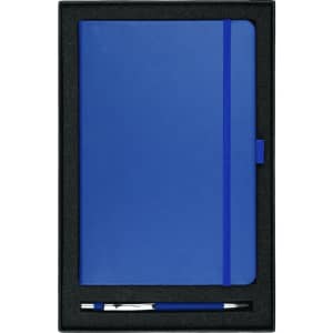 A blue journal and pen set presented in a black gift box with a logo on the journal.