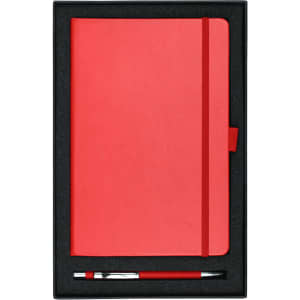 A red journal and red pen set presented in a black box with a soft interior.