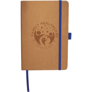 A kraft notebook with a blue elastic band and logo, featuring a textured cover.