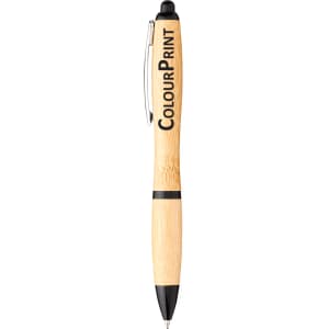 A bamboo pen with black accents and a silver clip, featuring a logo on the barrel.