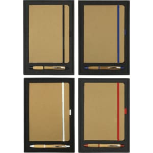 A gift set featuring a brown journal with a black cover and colour-bound options, paired with a bamboo pen.
