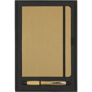 A gift set featuring a beige bound journal and a bamboo pen, presented in a sleek black box.