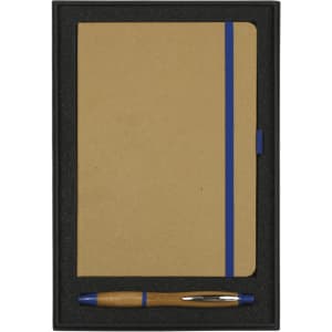 A gift set featuring a brown journal with a blue band and a bamboo pen, presented in a black box.