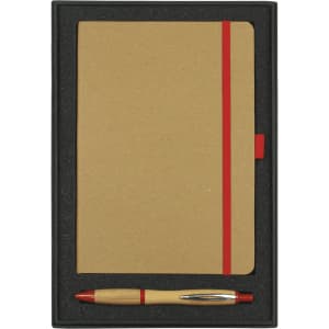 A gift set featuring a brown journal with red accents and a bamboo pen, presented in a black box.