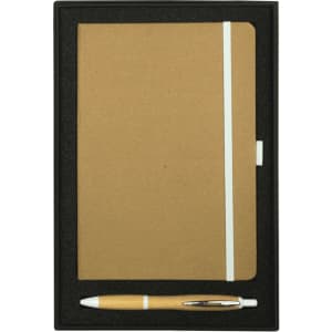 A gift set featuring a brown journal with a white band and a bamboo pen, all presented in a black box.