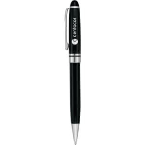 A black ballpoint pen with a silver clip and branding on the barrel.