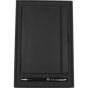 A black pocket-bound journal and pen set in a sleek black gift box with a branded interior.