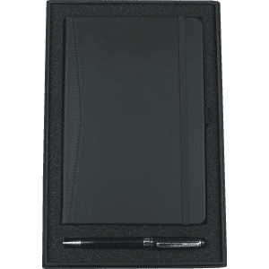 A black gift set featuring a pocket journal and a twist ballpoint pen, packaged in a stylish box with a logo.