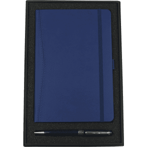 A blue pocket bound journal and a blue twist ballpoint pen in a black gift box. The set includes branding.