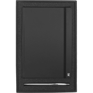 A black hardcover notebook and a silver stainless steel pen in a black gift box with a logo.