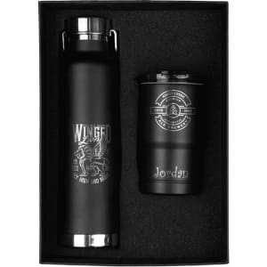 A drink bottle and tumbler gift set in black, featuring a logo on each item, presented in a sleek black box.