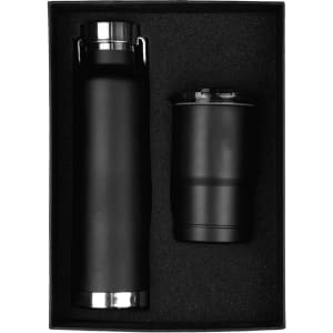 A drink bottle and tumbler set in black, presented in a black gift box with a textured interior.