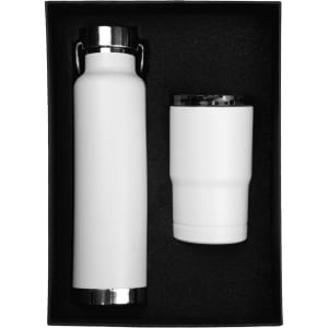 A drink bottle and tumbler gift set in white, presented in a black box. The set includes a bottle and a tumbler with a logo.