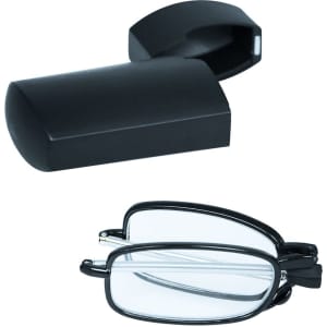 Folding reading glasses in black, displayed next to a black case. The glasses are folded and resting on a flat surface.