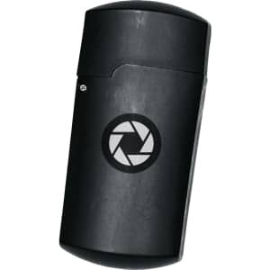 A pair of black folding reading glasses with a logo on the case.