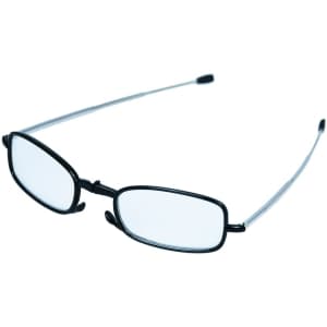 Folding reading glasses with a black frame and transparent arms, featuring a logo on the frame.