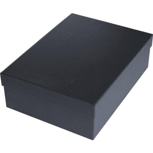 A black gift box with a lid, featuring a simple, sleek design.