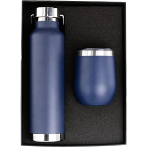 A drink bottle and tumbler gift set in navy blue, housed in a black box with a textured interior.