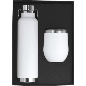 A drink bottle and tumbler gift set in white, featuring stainless steel accents, presented in a black box.