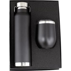 A drink bottle and matching tumbler in black, presented in a gift box with a textured interior.