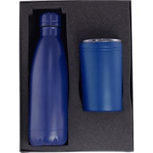 A blue drink bottle and tumbler set, both nestled in black foam packaging inside a box.