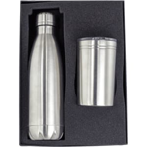 A drink bottle and tumbler set in stainless steel, presented in a black gift box with foam insert.