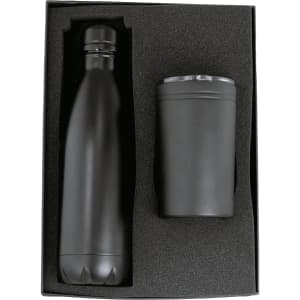A drink bottle and tumbler gift set in black, presented in a protective box with foam padding.