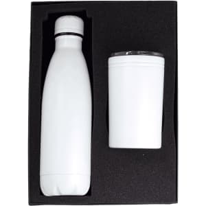 A drink bottle and tumbler gift set in white, presented in a black gift box with foam insert.