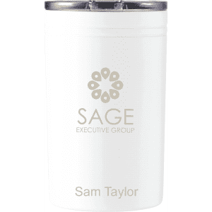 A drink bottle and tumbler gift set in white, featuring a logo and personalised text.