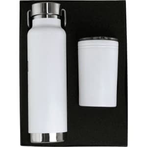 A drink bottle and tumbler set in white, presented in a black gift box. The bottle features a stainless steel lid.