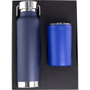 A drink bottle and tumbler set in navy blue, presented in a black gift box with a textured insert.