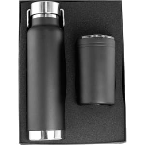A drink bottle and tumbler set in black, presented in a black foam-lined gift box. The bottle features a stainless steel base.