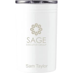 A white drink bottle with a silver lid and a logo, featuring sleek design.