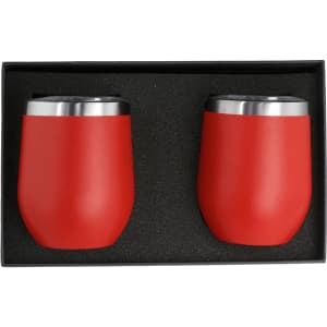 A set of two red insulated cups with stainless steel rims, displayed in a black gift box.