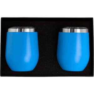 A drinkware gift set featuring two blue insulated cups with stainless steel lids, packaged in a black gift box.