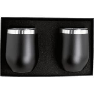 A drinkware gift set featuring two black insulated cups with silver rims, presented in a black box.