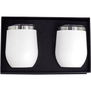 A drinkware gift set featuring two white insulated cups in a black box with cushioning.