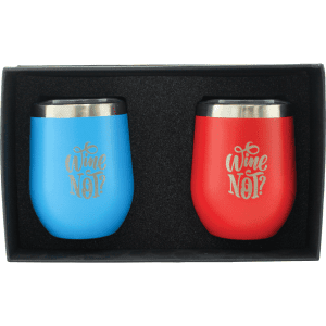 A drinkware gift set featuring two insulated cups, one blue and one red, in a black presentation box.